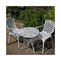 lazy susan - table bistro rose et 2 chaises de jardin - salon de jardin en aluminium moulé, blanc (chaises emma, coussins terracotta)