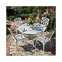 lazy susan salon de jardin: 120 cm table alice ronde en blanc avec 4 chaises april en aluminium résistant aux intempéries | facile à assembler