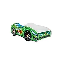topbeds racing car lit pour enfants 160x80 cm, voiture verte, avec matelas en mousse, cadre en bois de hêtre, structure durable, sûr, confortable, design unique.