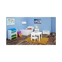 leomark ensemble de meubles pour enfants couleur blanche ensemble de 6 meubles: lit avec un matelas et un tiroir, coffre a jouets, table avec chaises meubles pour la chambre des enfants