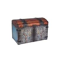 ménage essentials vintage wood coffre de rangement, bois dense, blue body/brown lid/floral design, taille l