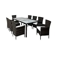 deuba salon de jardin en polyrotin brun ensemble 8+1 chaises empilables table avec plateau en verre dépoli coussin crème 7cm mobilier de jardin