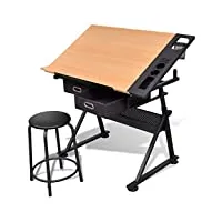 vidaxl table à dessin inclinable 2 tiroirs et tabouret bureau d'ecriture