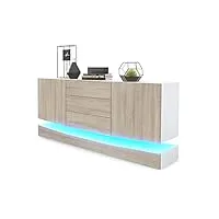 vladon sideboard city, blanc mat/chêne brut y compris led - commode moderne pour votre salon (178 x 72 x 38 cm)