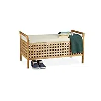 relaxdays banc de rangement en bois de noyer banquette assise coffre de rangement meuble à chaussure commode coussin hxlxp: 46,5 x 92,6 x 49 cm, blanc et couleur naturelle
