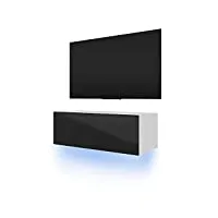 lana - meuble tv suspendu/table basse tv/banc tv de salon (100 cm, blanc mat/noir brillant avec led bleue)