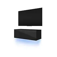 skylara - meuble tv suspendu/table basse tv/banc tv de salon (100 cm, noir mat/noir brillant avec led bleue)