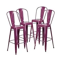 flash furniture lot de 4 tabourets de bar en métal de qualité commerciale avec dossier violet 76,2 cm
