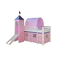 homestyle4u 1496, lit loft pour enfants avec toboggan, échelle, tour, tunnel, rideau rose, bois massif blanc, 90x200 cm