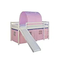 homestyle4u 1567, lit de camp 90x200 blanc, lit mezzanine avec toboggan rideau tunnel rose, bois de pin