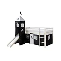 homestyle4u 1550, lit loft pour enfants avec toboggan, échelle, tour, rideau pirate noir, bois de pin massif blanc, 90x200 cm