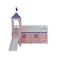 homestyle4u 1551, lit loft pour enfants avec toboggan, échelle, tour, rideau rose, bois de pin massif blanc, 90x200 cm