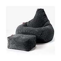 lounge pug, pouf fauteuil gamer avec repose-pied, poire, côtelé noir