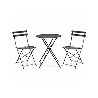 alice's garden - salon de jardin bistrot pliable - emilia rond gris anthracite - table Ø60cm avec deux chaises pliantes. acier thermolaqué