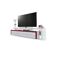 vladon meuble tv bas leon v3, corps en blanc haute brillance/façades en blanc haute brillance avec une bodure en bordeaux haute brillance (227 x 52 x 35 cm)