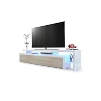 vladon meuble tv bas leon v3, corps en blanc haute brillance/façades en chêne brut avec une bodure en blanc haute brillance avec l'éclairage led (227 x 52 x 35 cm)