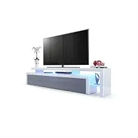 vladon meuble tv bas leon v3, corps en blanc haute brillance/façades en gris haute brillance avec une bodure en blanc haute brillance avec l'éclairage led (227 x 52 x 35 cm)
