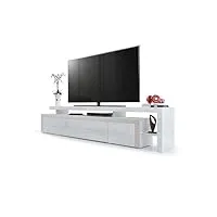 vladon meuble tv bas leon v3, corps en blanc haute brillance/façades en blanc haute brillance avec une bodure en gris sable haute brillance (227 x 52 x 35 cm)
