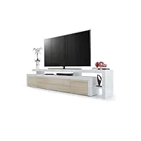 vladon meuble tv bas leon v3, corps en blanc haute brillance/façades en chêne brut avec une bodure en blanc haute brillance (227 x 52 x 35 cm)