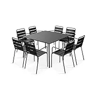 oviala palavas - ensemble table de jardin carrée et 8 fauteuils en métal gris