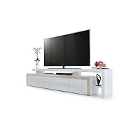 vladon meuble tv bas leon v3, corps en blanc haute brillance/façades en blanc haute brillance avec une bodure en chêne brut (227 x 52 x 35 cm)