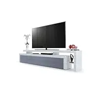 vladon meuble tv bas leon v3, corps en blanc haute brillance/façades en gris haute brillance avec une bodure en blanc haute brillance (227 x 52 x 35 cm)