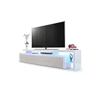vladon meuble tv bas leon v3, corps en blanc haute brillance/façades en gris sable haute brillance avec une bodure en blanc haute brillance avec l'éclairage led (227 x 52 x 35 cm)