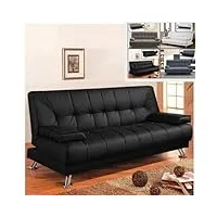 canapé lit sofa 187 x 88, revêtement en simili cuir noir avec accoudoirs anti basculement