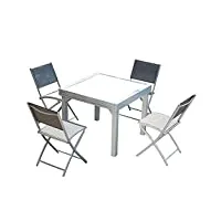 concept usine - salon de jardin aluminium acier - ensemble mobilier extérieur : table extensible verre trempé rallonge coulissante + 4 chaises pliables - gris clair - design molvina - résiste à l'eau