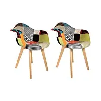 the home deco factory - hd3096 - lot de 2 fauteuils scandinave patchwork bois + polyester multicouleur 62 x 60,50 x 86 cm