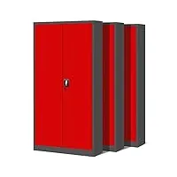 jan nowak set de 3 armoire de bureau métallique 4 étagères tôle d'acier revêtement en poudre 195 cm x 90 cm x 40 cm (anthracite-rouge)