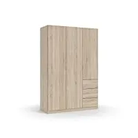 armoire à 3 portes et 3 tiroirs, armoire de chambre à coucher, finition en couleur chêne canadien, mesures : 135 cm (l) x 200 cm (h) x 52 cm (p)