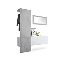 vladon penderie carlton set 4, meuble d’entrée comprenant 1 panneau porte-manteaux, 1 module de commode et 1 miroir mural, blanc mat/aspect béton oxyde (156 x 193 x 35 cm)