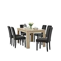 table de salle à manger noble en design chêne cérusé + 6 chaise de salle à manger en gris foncé - 140x90cm