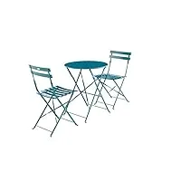 alice's garden - salon de jardin bistrot pliable - emilia rond bleu canard - table ronde Ø60cm avec deux chaises pliantes. acier thermolaqué