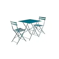 alice's garden - salon de jardin bistrot pliable - emilia carré bleu canard - table carrée 70x70cm avec deux chaises pliantes. acier thermolaqué