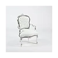 way home store fauteuil baroque de style louis, en cuir synthétique blanc, avec cadre argenté - dimensions : 63 x 65 x 94 cm