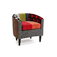 versa philippe fauteuil pour salon, chambre ou salle à manger, canapé confortable et différent, avec accoudoirs, dimensions (h x l x l) 62 x 62 x 60 cm, coton et bois, couleur: rouge, gris et bleu