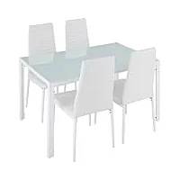 tectake ensemble table salle à manger avec 4 chaises design, chaise confortable en cuir synthtétique, table rectangulaire robuste avec plateau en verre trempé - blanc