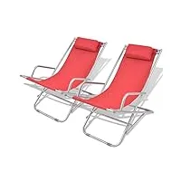 vidaxl 2x chaises inclinables de terrasse bain de soleil de jardin transat de patio chaise longue de terrasse plage camping extérieur acier rouge