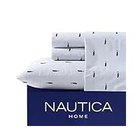 nautica - draps pour lit simple xl, ensemble de literie en percale de coton, décoration d'intérieur côtière, essentiels de chambre de dortoir (baleine rayée bleue, lit simple xl)
