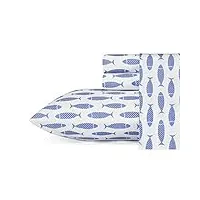 nautica - draps pour grand lit, ensemble de literie en percale de coton, gracieuse et fraîche, décoration d'intérieur côtière (woodblock fish blue, queen)