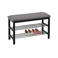 idimex meuble à chaussures sana banc avec assise et 2 étagères rangement pour 8 paires en bois massif de coloris noir et coussin en tissu gris
