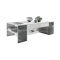 vladon table de salon clip, table d’appoint avec 2 compartiments latéraux et 1 plaque de verre, blanc mat/gris haute brillance (118 x 37 x 60 cm)
