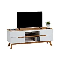 idimex meuble tv tibor banc télé de 149 cm au style scandinave design vintage nordique avec 4 tiroirs et 2 niches, en pin massif lasuré blanc