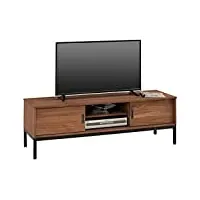 idimex meuble tv selma banc télé de 145 cm au style industriel design vintage avec 2 portes coulissantes et 1 compartiment ouvert, en pin massif teinté brun foncé