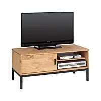idimex meuble tv selma banc télé de 98 cm au style industriel design vintage avec 1 porte coulissante et 1 compartiment ouvert, en pin massif teinté brun clair