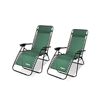 todeco chaise longue transat jardin plein air, transat de plage pliable, bain de soleil avec repose-tête, d’accoudoirs réglables, lot de 2 chaise de camping en respirantes textilène, vert