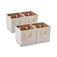 ezoware boîte cubes de rangement pliable en tissu de coton en bambou avec poignées, lot de 4 panier de rangement pour chambre d’enfant, vêtements – beige