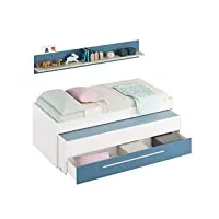 habitdesign lit gigogne pour jeunes, deux lits et un tiroir, modèle wic, finition en blanc et bleu alpin, mesures : 200 cm (l) x 69 cm (h) x 96 cm (p)